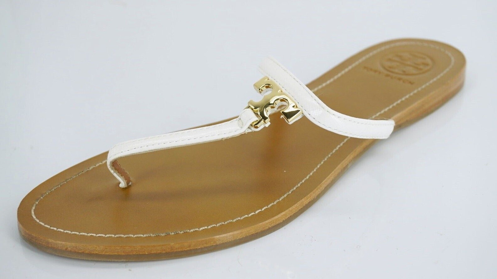 Tory Burch Ivory Patent T Logo Leather Thong Sandal Size 10.5 Flip Flop Nib $175
